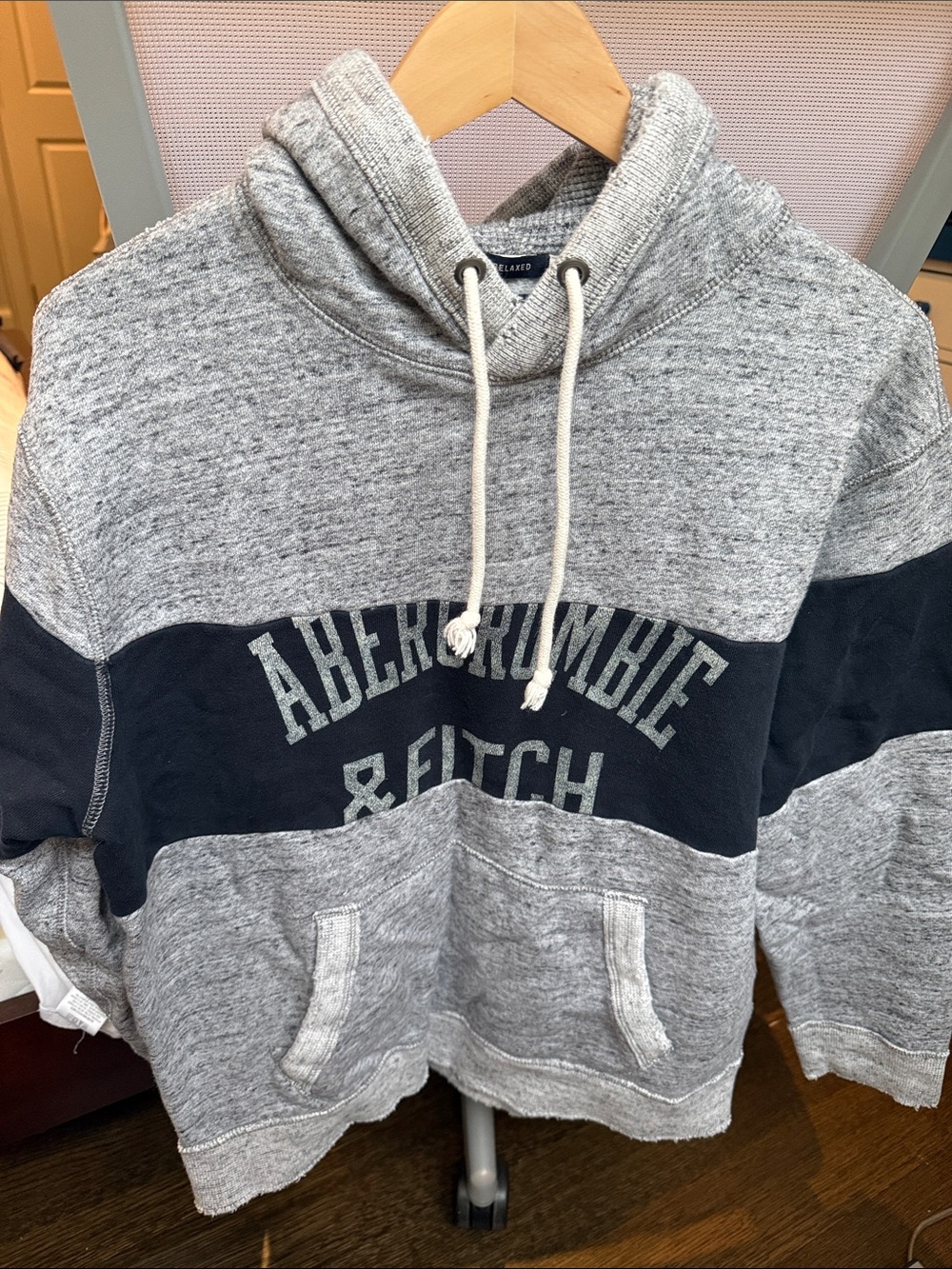 Abercrombie & Fitch Grey and Navy Striped Pullover Hoodie